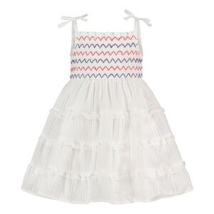 Blueberi Boulevard White Tiered Cotton Dress with Red & Navy Smocking